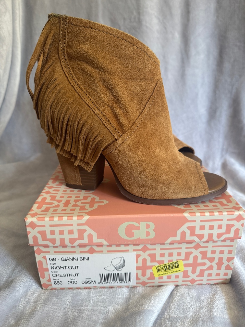 Gianni Bini Chestnut Suede Fringe Peep-Toe Booties - Picture 1 of 3